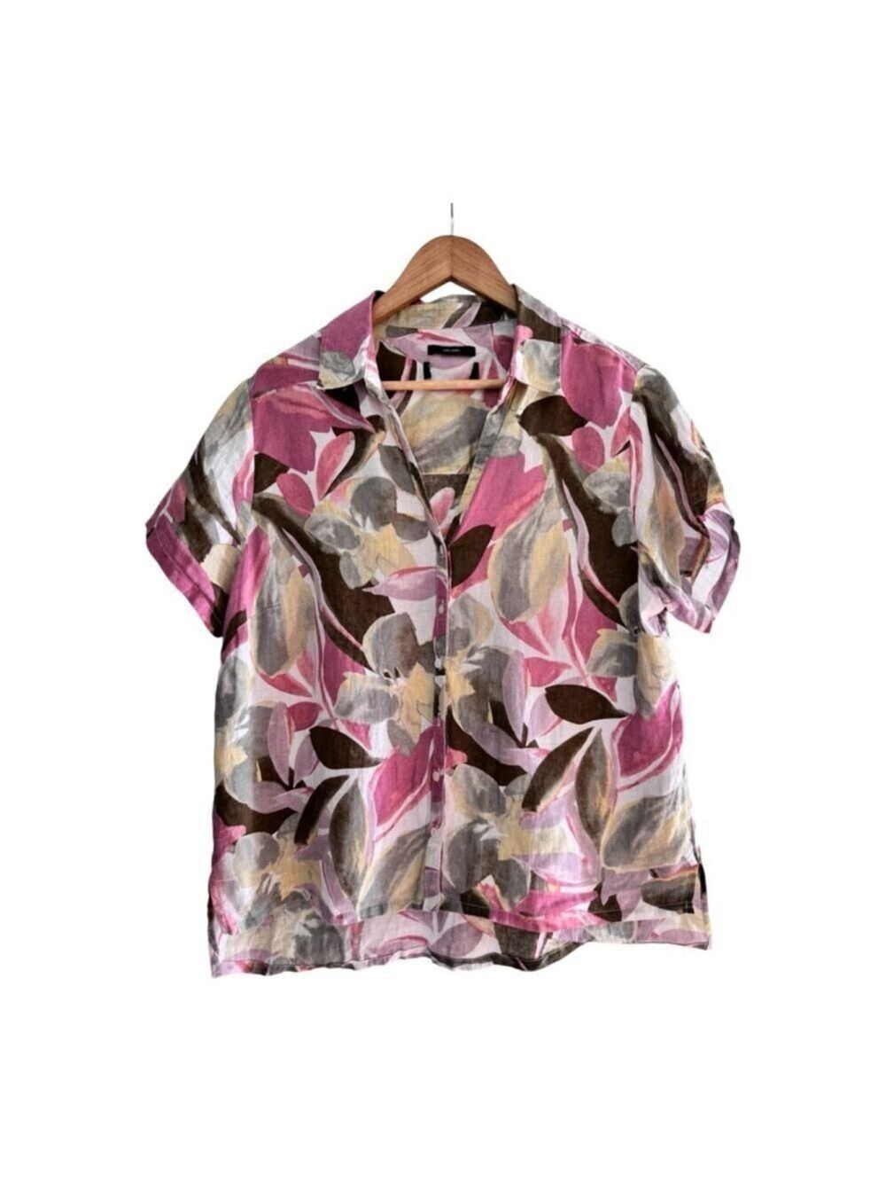 Tahari Linen Floral Blouse Pink Neutral Button Front Top
